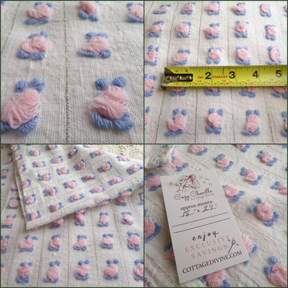 pink rosebud vintage chenille fabric, 20" x 24" inch cut piece of quilt material with tufted roses, blue leaves & shimmer silver lurex