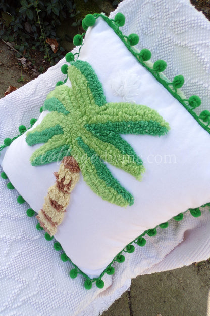 Tropical Bungalow Vintage Chenille Pillow Cover 12" x 12" inch Square, REVERSIBLE Palm Tree Design Accent Pillow & Insert with Pom Pom Trim