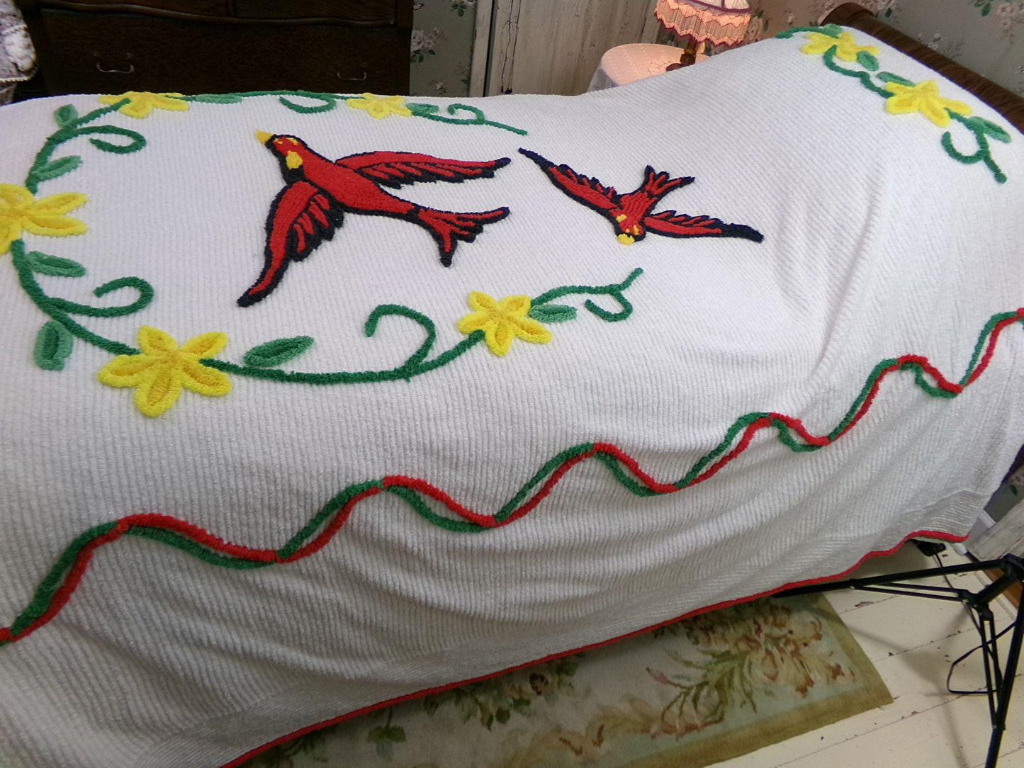 wings of love vintage chenille bedspread, majestic red cardinal birds in a garland of flowers, 100% soft cotton coverlet, full size bedding