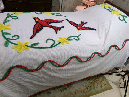 wings of love vintage chenille bedspread, majestic red cardinal birds in a garland of flowers, 100% soft cotton coverlet, full size bedding