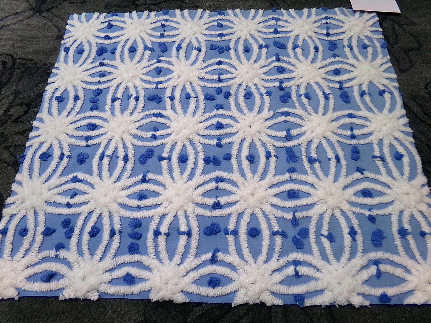 deep coastal blue vintage chenille fabric with tufted white spider rings & little pops, 23" x 20" inch piece