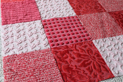 Cupid's Kisses Chenille & Velvet Craft Squares Set from Vintage Bedspread Fabric, 16 Blocks, 6" inch in Pink, Red