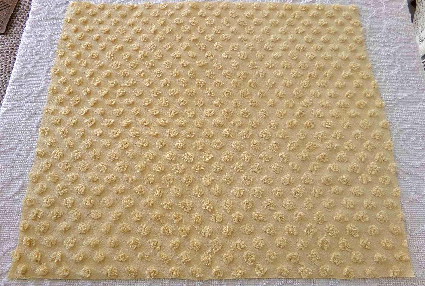 puffy gold pops vintage chenille fabric, boho style sewing material for handmade chenille quilts & crafts, 20" x 24" piece