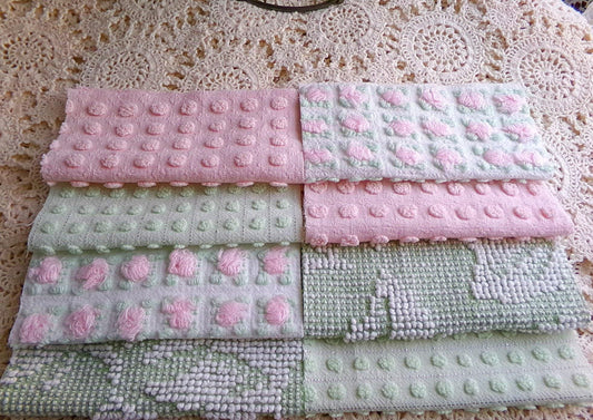 vintage pink & green chenille fabric squares, "breath of spring", rotary cut from vintage chenille bedspreads, set of 16 Blocks 6" x 6" inch
