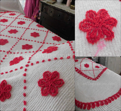 Vintage Chenille Bedspread, Fabulous Red Roses on White, Full Size, Cotton, Midcentury Bed Linens