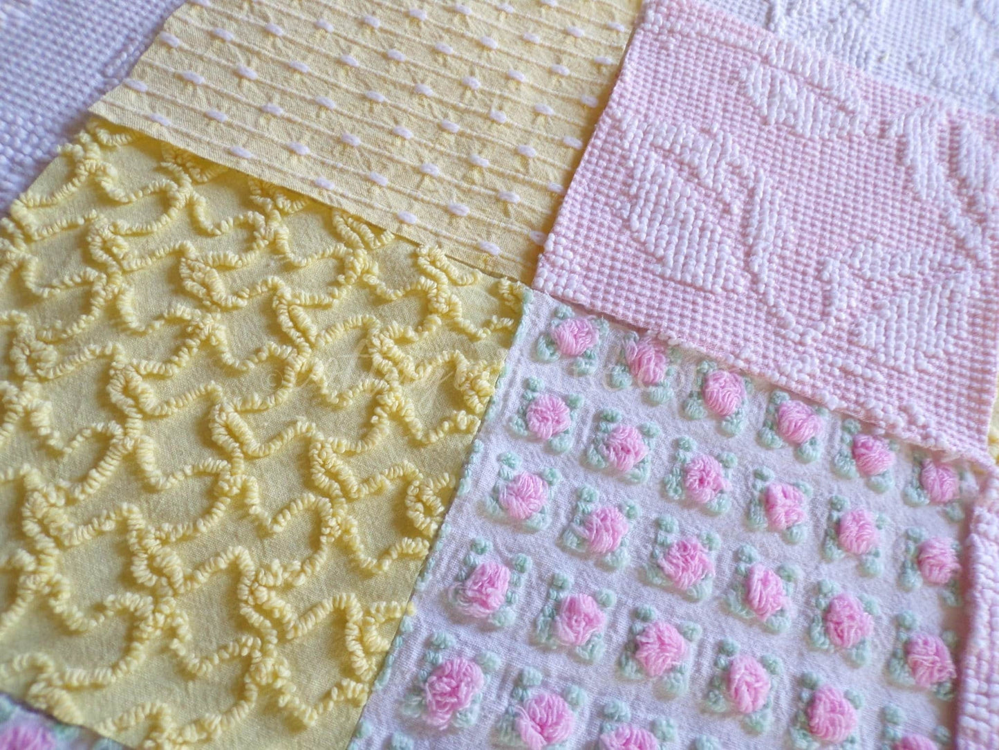 Spring Sunshine Chenille Quilt Squares Set from Vintage Bedspread Fabric, 16 Blocks, 6" x 6" inch