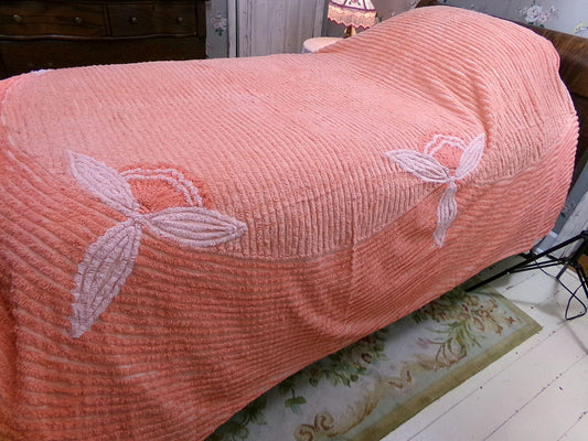 comforting peach vintage chenille bedspread, antique 1930s art deco design, full size 100% cotton bedding