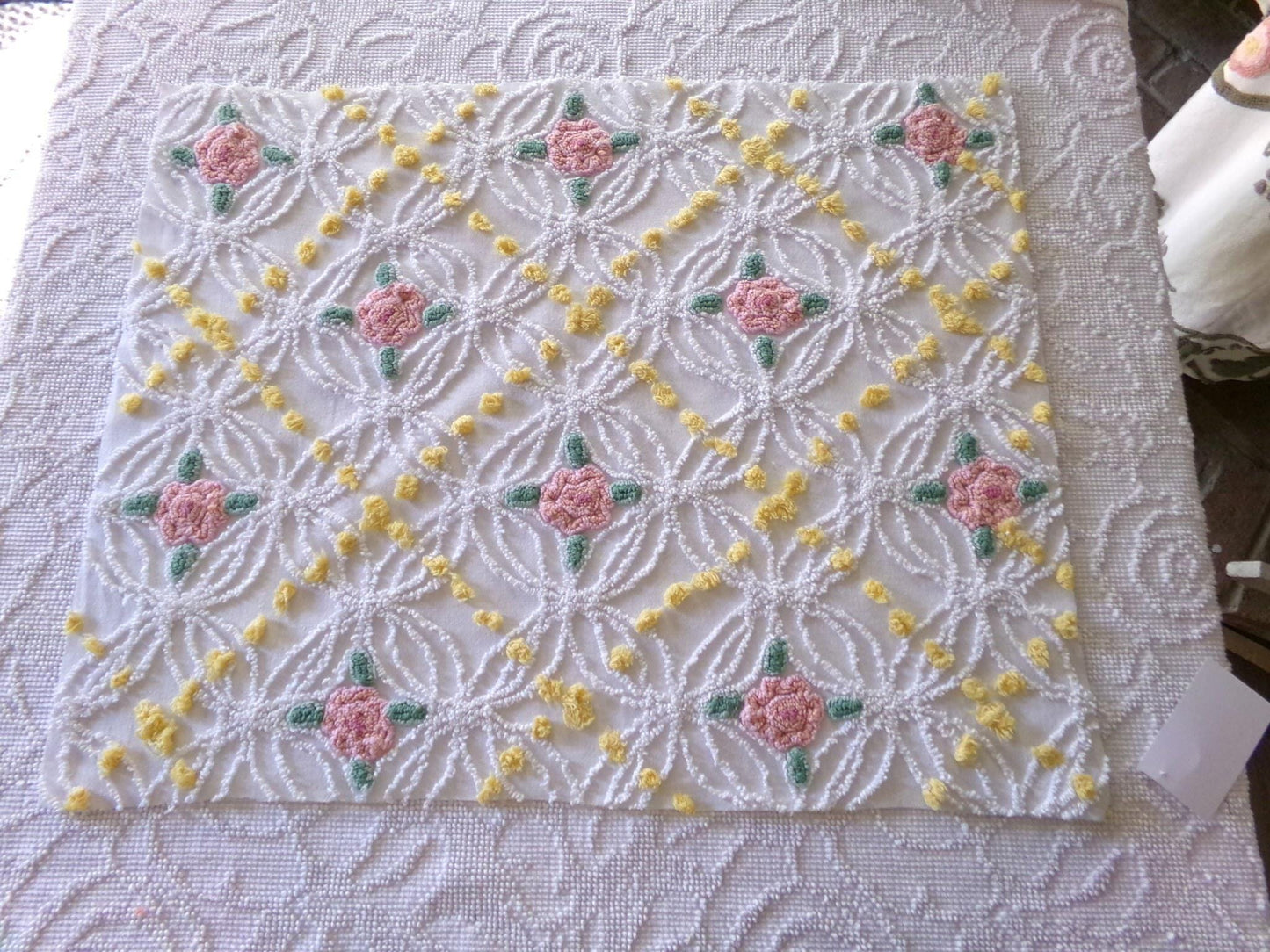 lovely pink rose chenille fabric with goldenrod yellow pops, shabby style 20" x 24" inch piece of sewing material for quilts & crafts