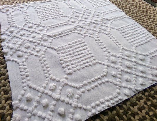 contemporary cosmic white vintage chenille fabric, intricate geometric handtufted sewing material, 22" x 23" piece great for pillows, quilts