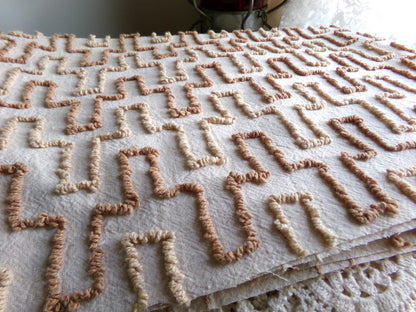 Sandcastles Vintage Chenille Fabric, 18" x 24" Piece, Earthtone Geometric Boho Browns, for Quilts, Sewing, Fiber Arts, Crafts