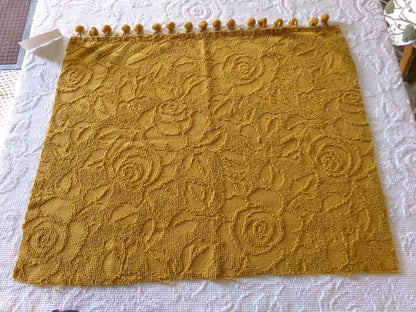 boho rose hobnail chenille fabric, vintage saturated retro harvest gold woven sewing material with pom pom trim 20" x 24" inch reversible pc