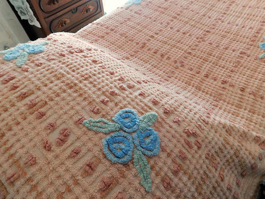 Cozy Chenille Bedspread, Vintage Peach Plaid Blue Roses Design, Full Size, 100% Cotton, Cottage Style Home Decor