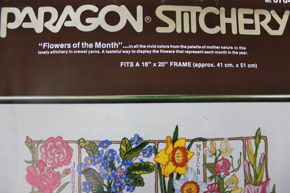 FLOWERS of the MONTH Vtg Crewel Embroidery Kit Floral Paragon Stitchery 0704