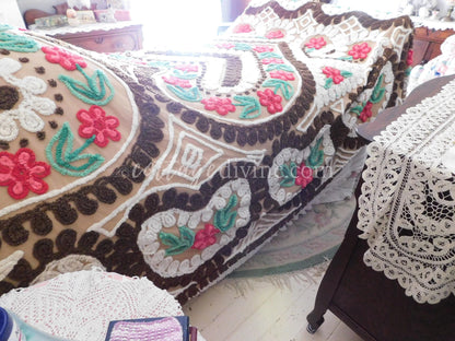 Chocolate Cherry Heart Cake Midcentury Vintage Chenille Bedspread, Cotton, Full Size