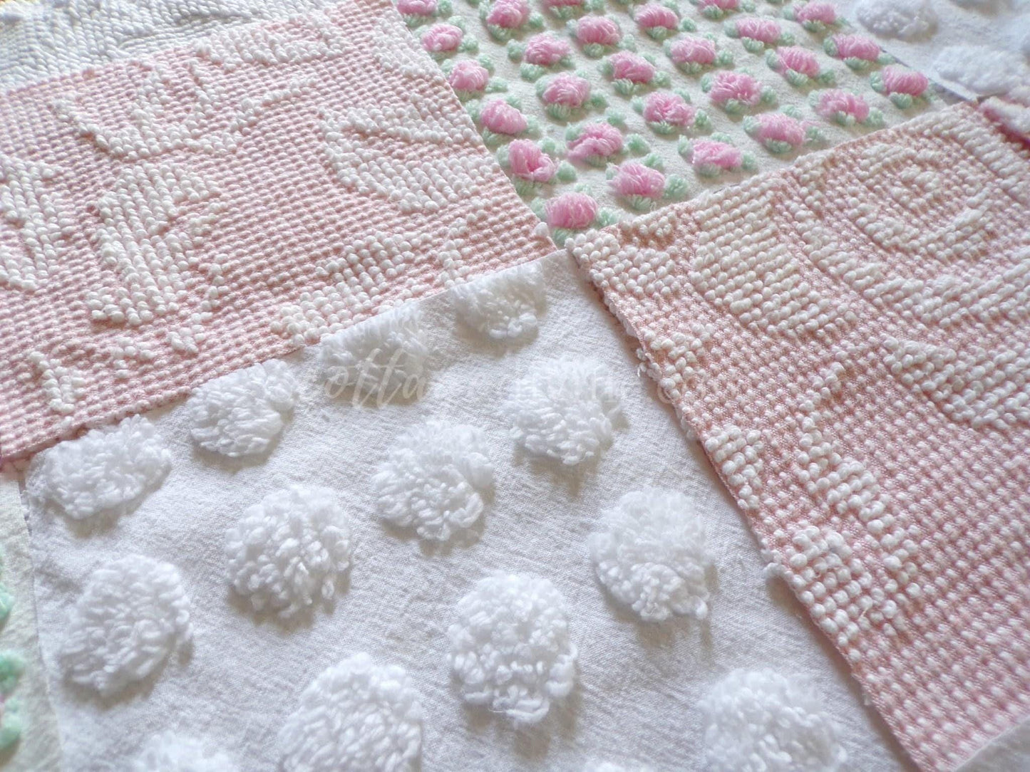 Pink Whispers Chenille Quilt Squares Set from Vintage Bedspread Fabric, 16 Blocks, 6" inch