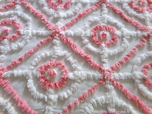 Bullseye Frosted Pink & White Pops Vintage Fabric, Handtufted Antique Chenille Design, 25" x 21" Inch Piece, Great in Pillows, Quilts