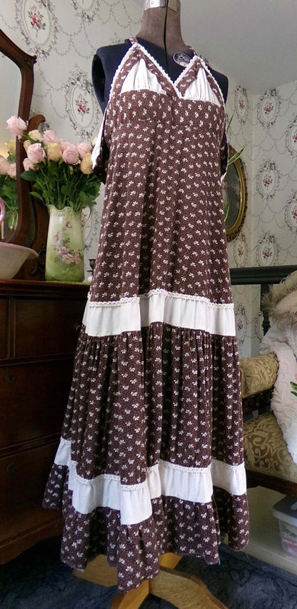 Vtg Gunne Sax Halter Dress Rare Brown Oak Acorn Print Boho Prairie Sundress