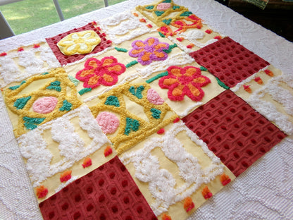 16 vintage 6" chenille fabric squares, set of yellow red quilt blocks, roses & sunshine