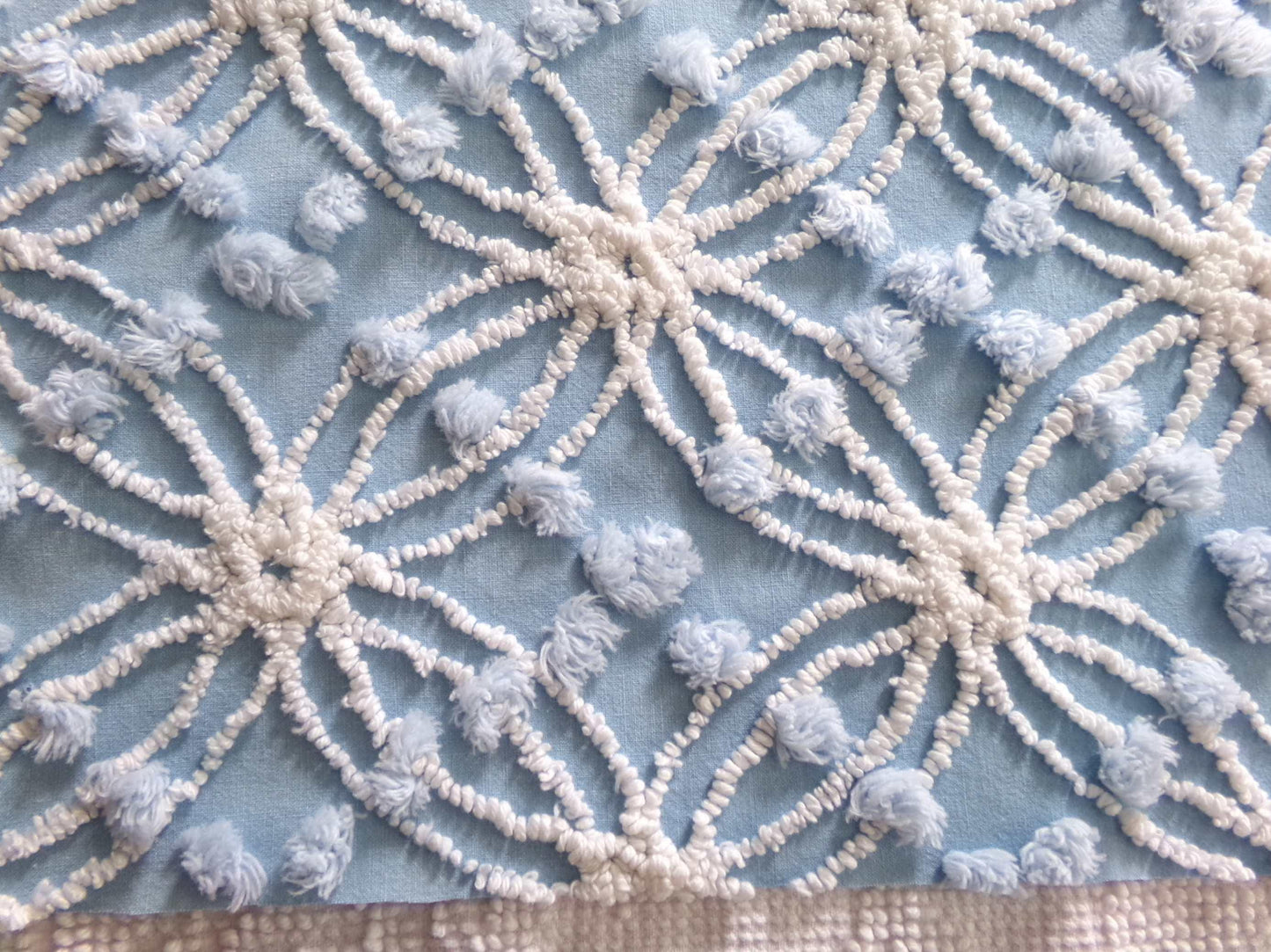cottage coastal chic fabric, 22" x 24" inch piece cut from vintage chenille bedspread, needletuft white wedding rings with overtufted pops