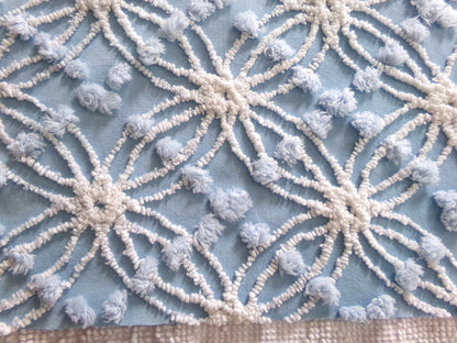 cottage coastal chic fabric, 22" x 24" inch piece cut from vintage chenille bedspread, needletuft white wedding rings with overtufted pops