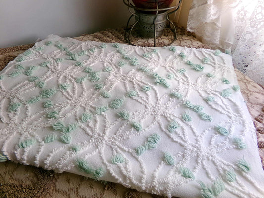 Breezy White Vintage Chenille Fabric, 15" x 25" Piece, Needletuft Wedding Rings with Mint Green Pops