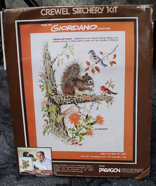 SQUIRREL and FRIENDS Vtg Crewel Embroidery Kit Paragon Stitchery 0333 Giordano