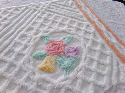 pastel springtime flower bouquet in tufted white webbed chenille, 21" x 25" inch vintage fabric piece