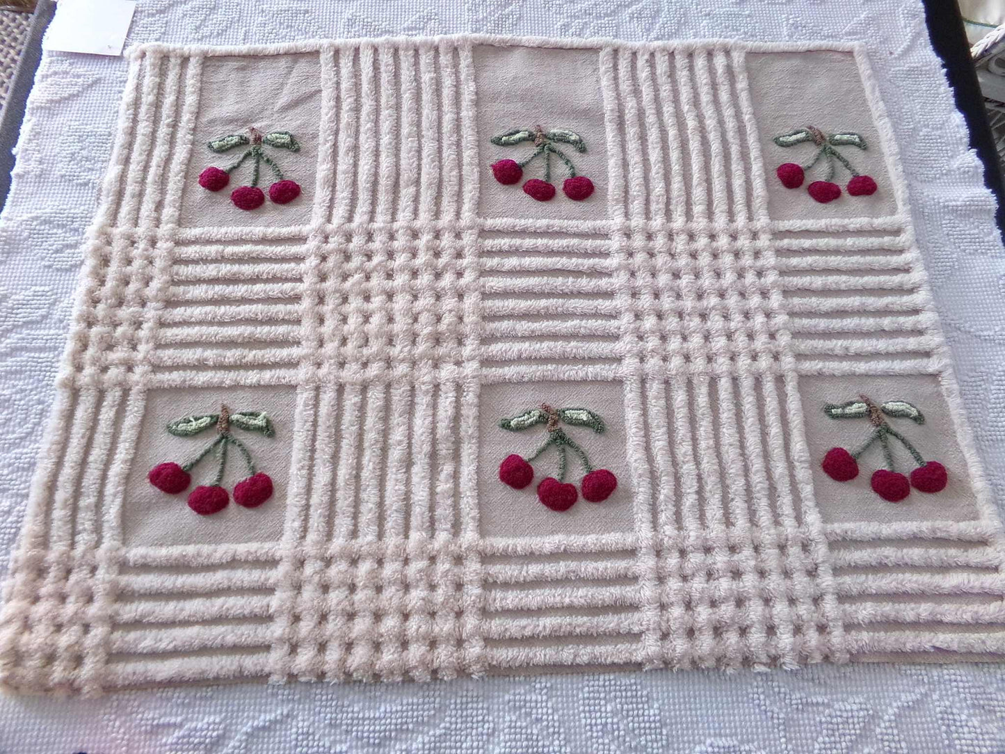 Adorable Cherries Vintage Chenille Fabric, 18" x 24" inch piece of sewing material with 6 cherry bunches for quilts, pillows, wall hanging