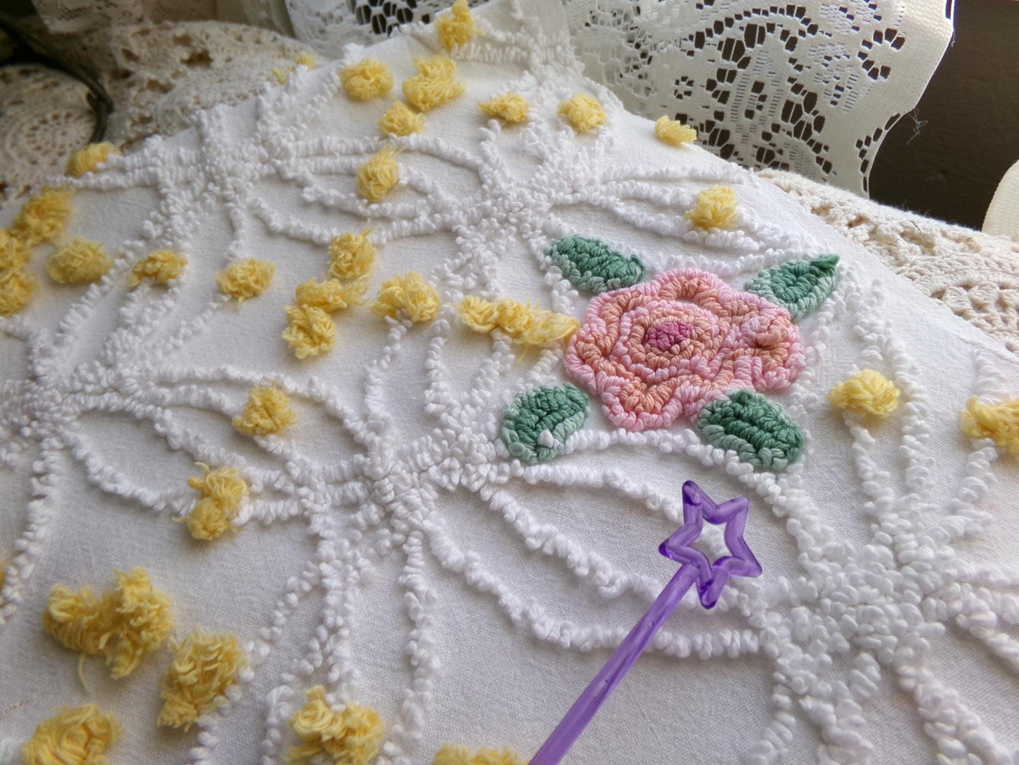 pink roses chenille fabric with goldenrod yellow pops, shabby chic vintage 20" x 24" inch piece of quilt material