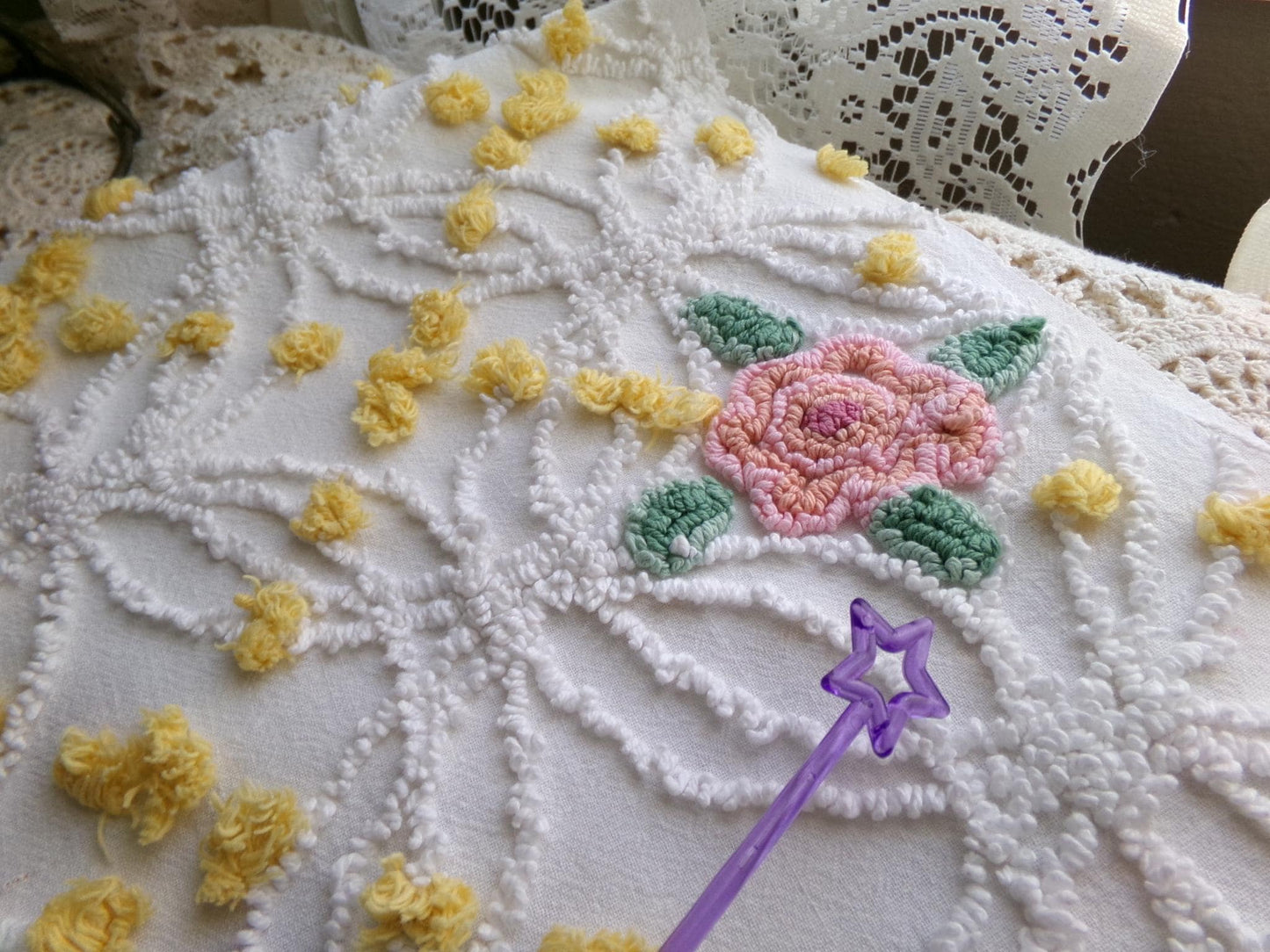 lovely pink rose chenille fabric with goldenrod yellow pops, shabby style 20" x 24" inch piece of sewing material for quilts & crafts