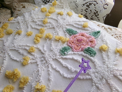 lovely pink rose chenille fabric with goldenrod yellow pops, shabby style 20" x 24" inch piece of sewing material for quilts & crafts