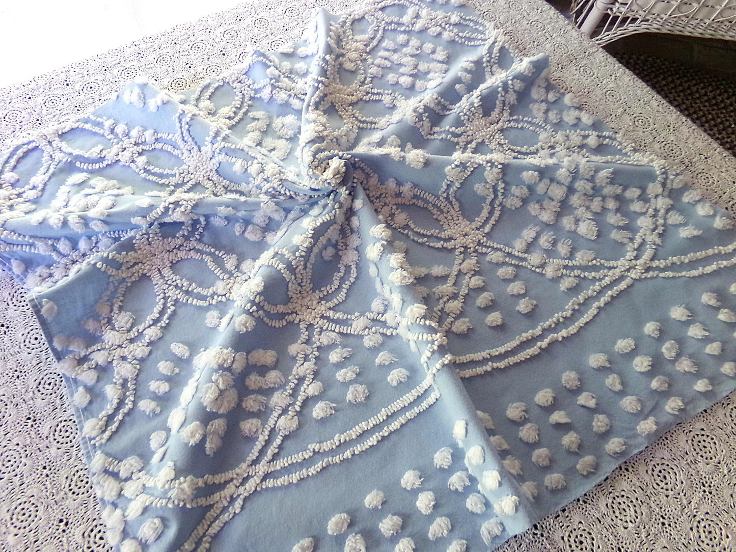 Beach Chic Blue & White Vintage Chenille Quilt Fabric, 23" x 26" Piece, 100% Cotton Classic Design