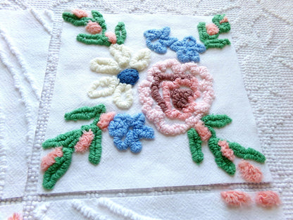 vintage 7.5" chenille fabric squares, set of 6 cottage style quilt blocks, peach, white rose floral & geometric for sewing, crafts, quilting