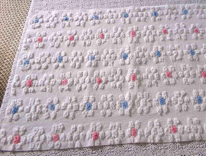 Cute Vintage Style Chenille Fabric, Y2K Daisy Pattern in White, Pink & Blue, 18" x 24" inch Piece, 100% Lightweight Cotton
