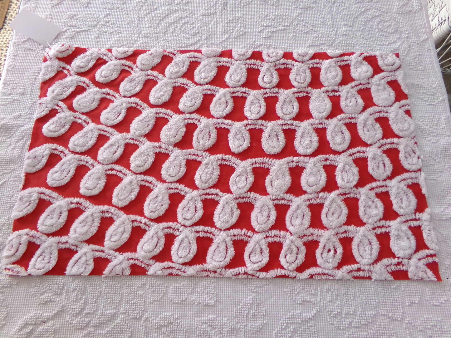rare white curlicues on red fabric, 15" x 26" inch piece of vintage chenille bedspread material for sewing & quilting
