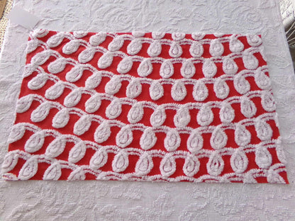 rare white curlicues on red fabric, 15" x 26" inch piece of vintage chenille bedspread material for sewing & quilting
