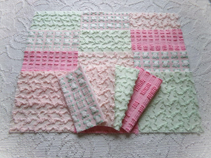 phantom rose 6" chenille squares, green, pink, white rosebud, set of 16 quilt blocks rotary cut from vintage chenille bedspread fabrics