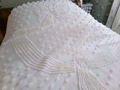 romantic farmhouse style white vintage chenille bedspread, roses, dots & swag bows, twin size cotton summer coverlet