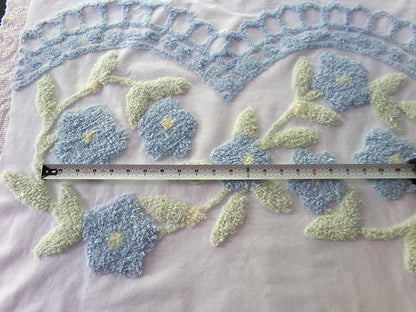 Blooming Blue Flowers Vintage Style Chenille Fabric, 24" x 28" inch Piece, 100% Cotton with Plush Florals, Great for Pillows