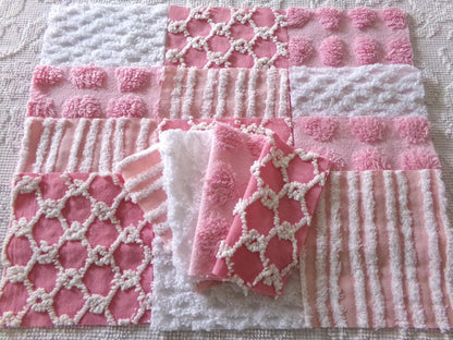 fun pink vintage chenille fabric squares, set of 16 quilt blocks, 6" x 6" inch, textured material ideal for rag quilts & patchwork pillows