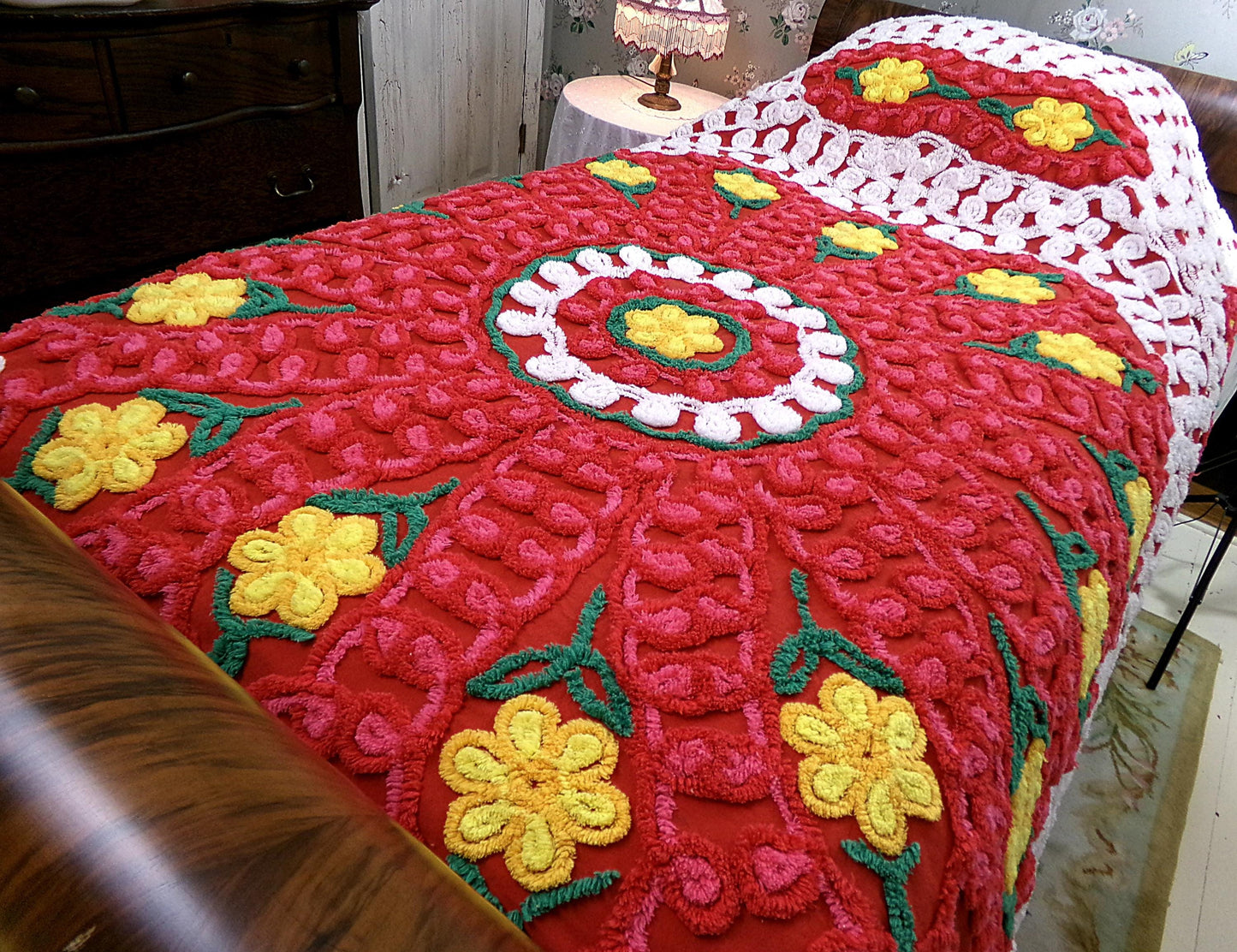 flower power vintage red hot chenille bedspread w/ hearts & daisies, full size plush cotton bedding