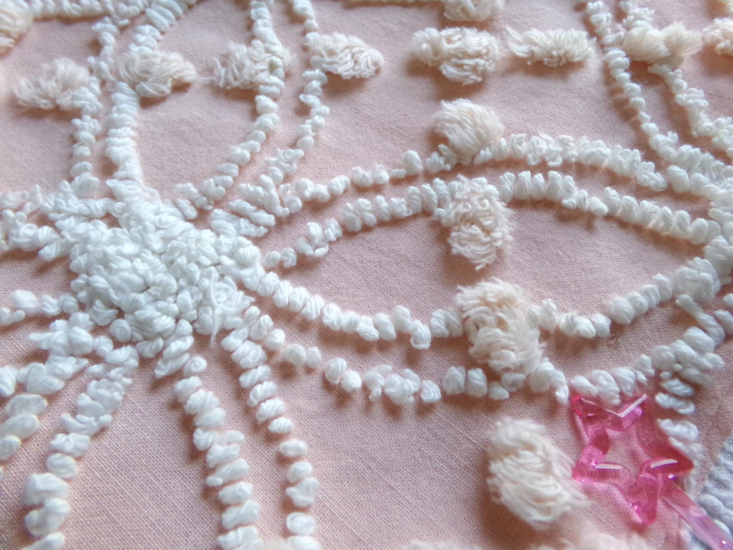 iced peach vintage chenille fabric, needletuft white wedding rings & overtufted pops, 20" x 24" piece sewing material for quilting, crafts