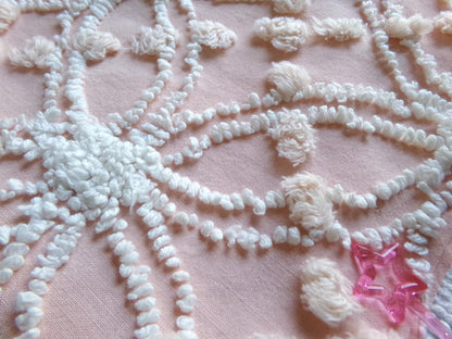 iced peach vintage chenille fabric, needletuft white wedding rings & overtufted pops, 20" x 24" piece sewing material for quilting, crafts