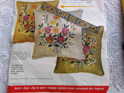 PANSY BOUQUET Pillow Kit by Paragon Creative Stitchery #0776 in Harvest GOLD, Vintage Hippie 1970s Crewel Embroidery, 14" x 14" Square Size