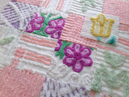 springtime mix 6" chenille squares, peach, white & purple set of 17 craft quilt blocks cut from vintage chenille bedspread fabrics