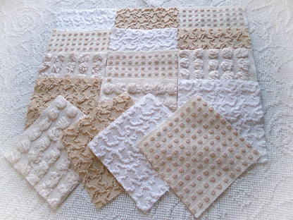 Neutral Modern Mocha & White Chenille Fabric Squares Set, 16 Vintage Quilt Blocks, 6" x 6" inches each, for Quilting, Sewing, DIY Pillows