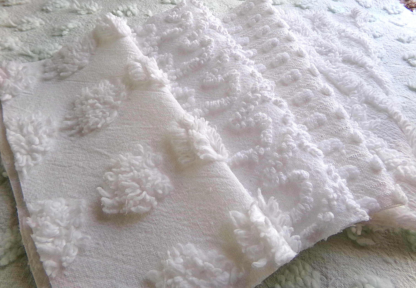 Snow Day White Fabric Squares Cut from Vintage Chenille Bedspreads, 16 Quilt Blocks, 6" x 6" inch each
