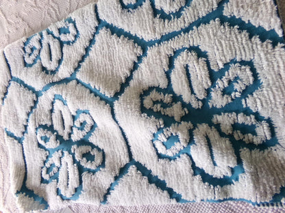 sea glass blue vintage fabric, texturized white daisy block design, 20" x 25" piece of sewing material cut from chenille bedspread