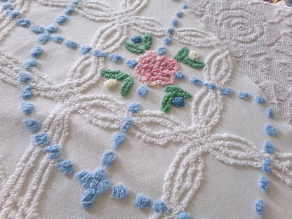 beach cottage fabric, cut from vintage chenille bedspread, 18" x 34" piece with 2 floral motifs, ideal for quilting & sewing