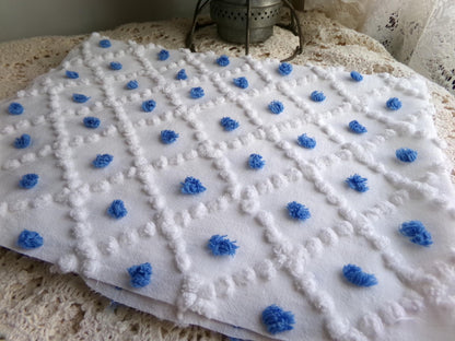 blueberry & white snowdrop pops chenille fabric, 18" x 26" inch piece of vintage sewing material for quilting, crafts